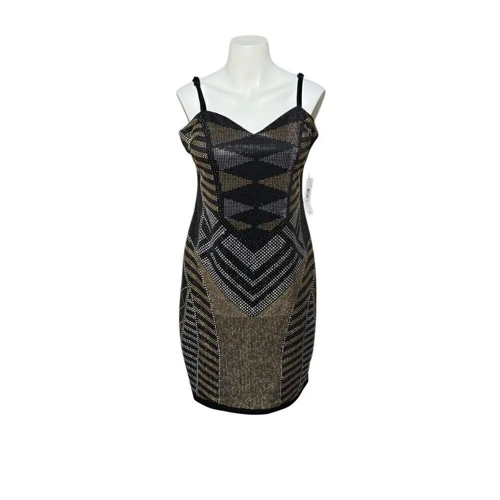 Bisou Bisou Michelle Bohbot NWT black gold and silver rhinestone studded bodycon